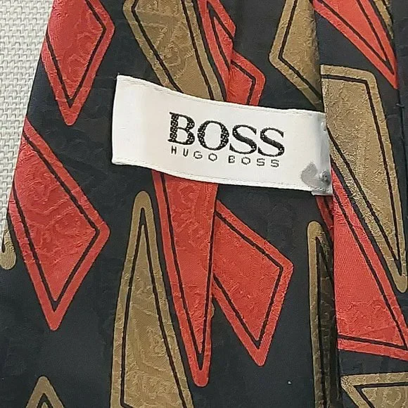Vintage Hugo Boss Italy men's Silk Tie Black Red Gold Mid Century design